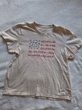 Life is Good Crusher Tee XL Womens Beige USA Nautical Flag Sea Life T-Shirt